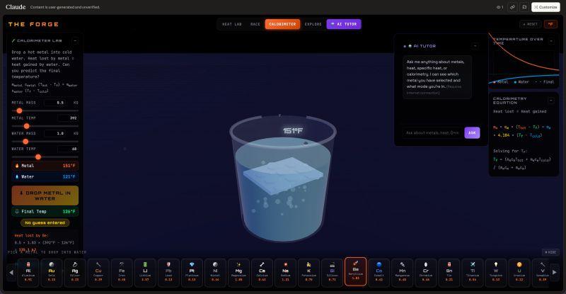 Interactive chemistry game with metals and specific heats